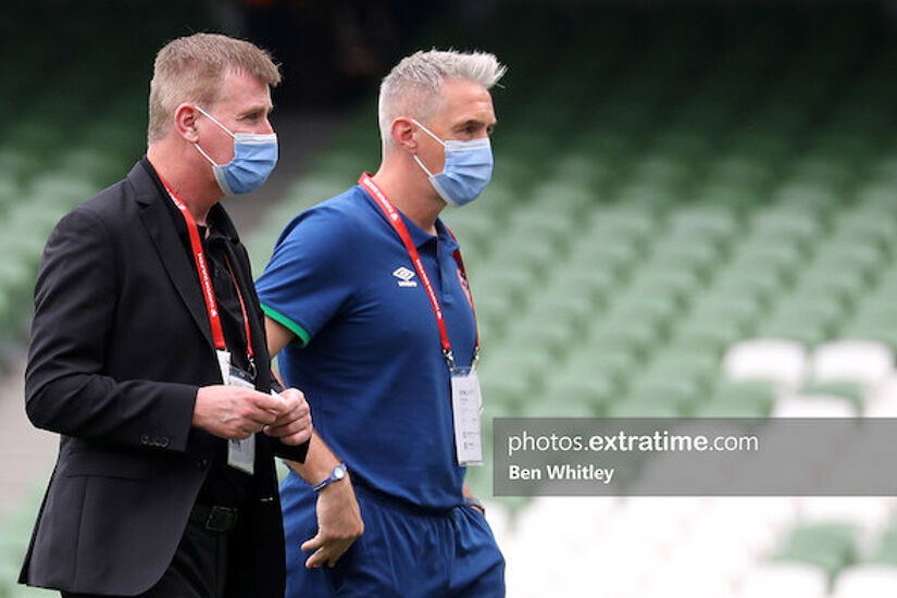 Stephen Kenny and goalkeeping coach Dean Kiely ahead of the World Cup Qualifier match between the Republic of Ireland and Azerbaijan at the Aviva Stadium, on 4 September 2021