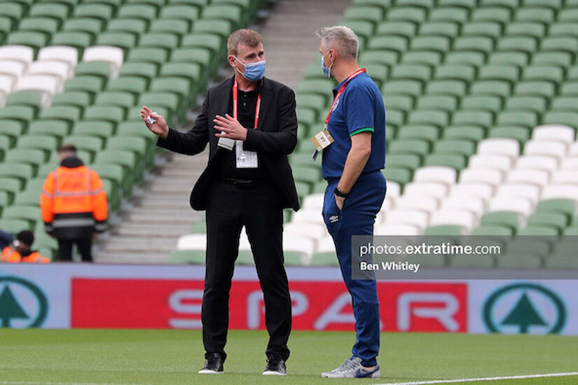 Ireland manager Stephen Kenny and goalkeeping coach Dean Kiely ahead of the World Cup Qualifier match between the Republic of Ireland and Azerbaijan at the Aviva Stadium, on 4 September 2021.