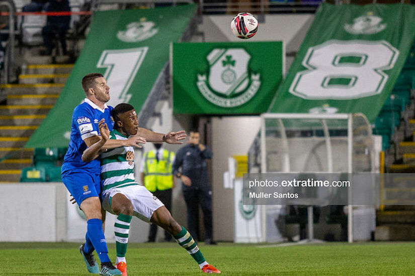 Aidomo Emahku battles for the ball against the Blues when the now 19 time league champions played Waterford in September