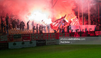 Shelbourne fans celebrate as their team win the 2021 First Division