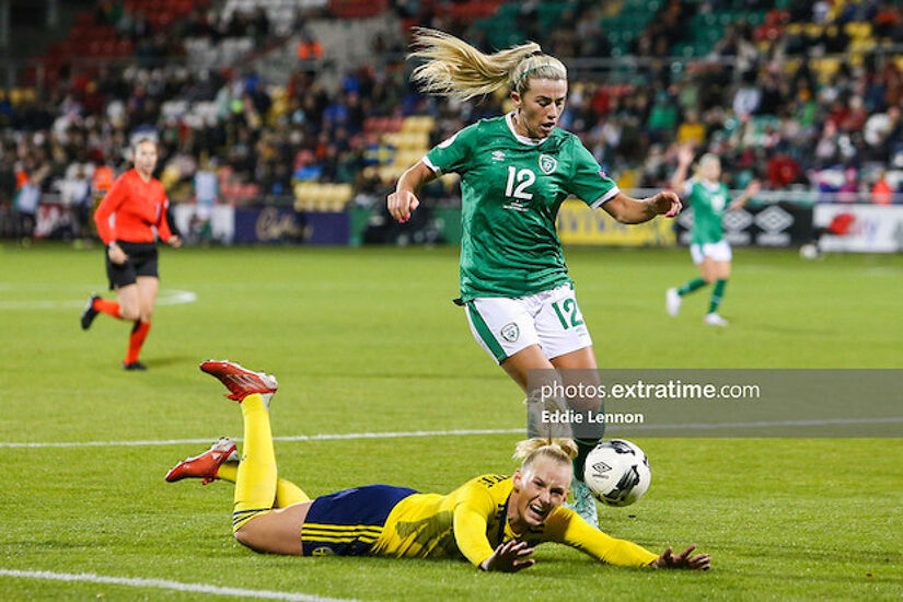 Savannah McCarthy in action for Ireland against Sweden in the 2023 World Cup Qualifier in Tallaght Stadium