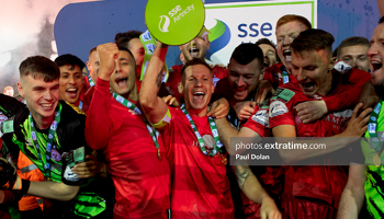 Shelbourne celebrate winning the 2021 First Division title.