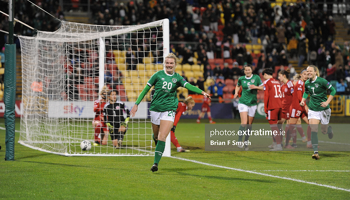Saoirse Noonan celebrates scoring during the Republic of Ireland's victory over Georgia at Tallaght Stadium in November 2021.