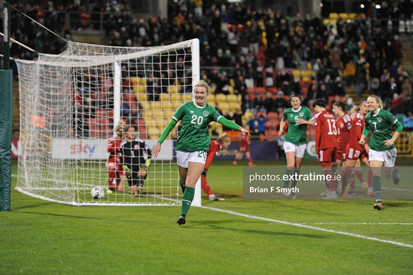 Saoirse Noonan celebrates scoring during the Republic of Ireland's victory over Georgia at Tallaght Stadium in November 2021.