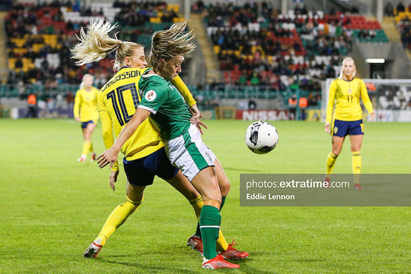 Sweden's Sofia Jackobsson and Katie McCabe battle it out in front of 4,017 spectators in Tallaght last October 