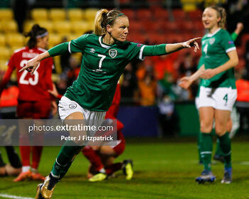 Diane Caldwell celebrating one of Ireland's 11 goals against Georgia at Tallaght Stadium last November