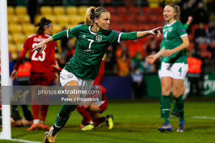 Diane Caldwell celebrating one of Ireland's 11 goals against Georgia at Tallaght Stadium last November