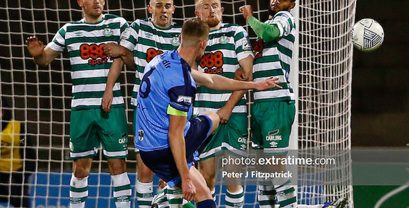 UDC skipper Jack Keaney takes a free kick in Tallaght in his team's 3-0 loss to Shamrock Rovers in February