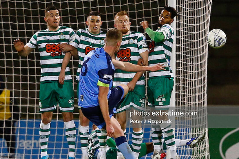 UDC skipper Jack Keaney takes a free kick in Tallaght in his team's 3-0 loss to Shamrock Rovers in February