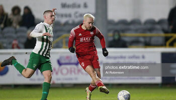 Dylan McGlade of Cork City side foots Cork City's fourth in the 6-0 win in Bray on the opening night of the sesason