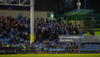 Finn Harps fans watch on as their side play out a 0-0 draw with UCD at the Belfield Bowl on Friday, 25 February 2022.