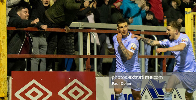 Derry City's Patrick McEleney celebrates his goal with teammate Jamie McGonigle in March's game in Tolka Park