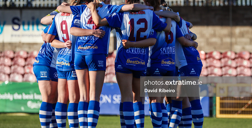 Galway WFC huddle ahead of their 3-0 win over Cork City at Turner's Cross in the WNL on Saturday, 5 March 2022.