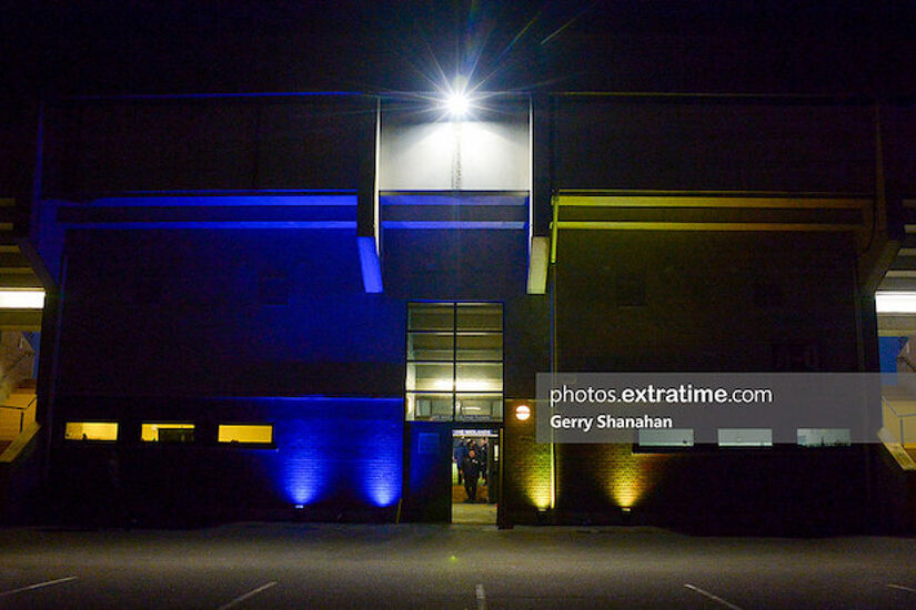 Athlone Town Stadium lit up in Blue and Yellow lights to show support for Ukraine during the recent WNL game against Wexford Youths 