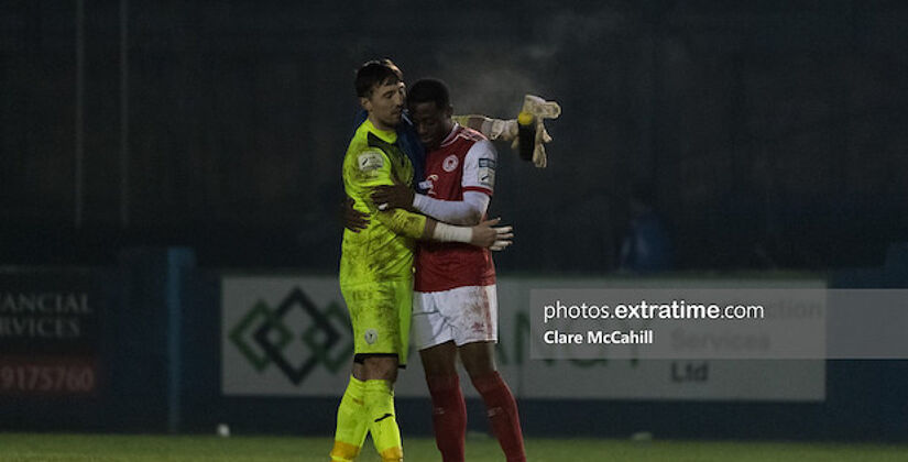 Mark McGinley and Tunde Olowabi embrace after Pat's win in Finn Harps on Friday