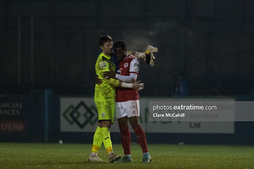 Mark McGinley and Tunde Olowabi embrace after Pat's win in Finn Harps on Friday