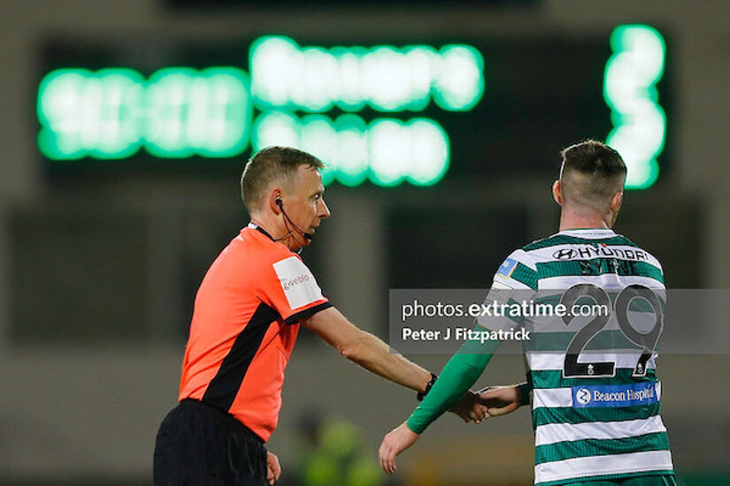 Referee Derek Tomney shakes Jack Byrne's hand at full time in the 2-2 draw in Tallaght Stadium between Shamrock Rovers and Sligo Rovers