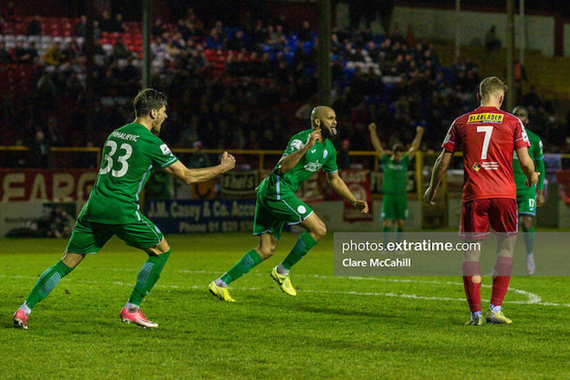 Ethan Boyle celebrating his goal in Harps' 3-0 win over Shels in Tolka earlier this season 