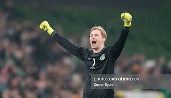 Caoimhin Kelleher Republic of Ireland Goalkeeper celebrates after Troy Parrott scored the winning goal against Lithuania in March