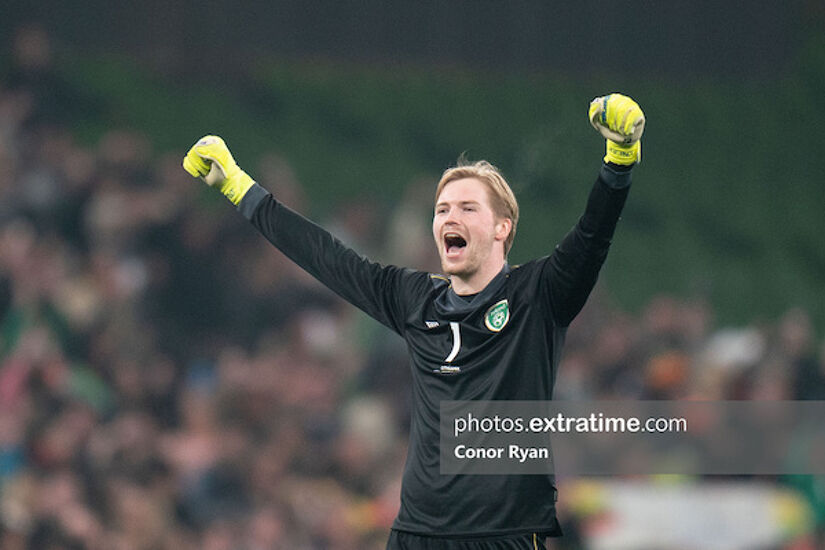 Caoimhin Kelleher Republic of Ireland Goalkeeper celebrates after Troy Parrott scored the winning goal against Lithuania in March