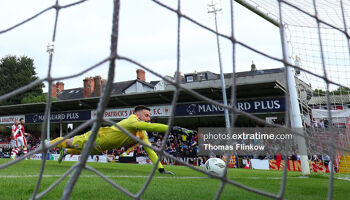 St. Patrick's Athletic FC goalkeeper Danny Rogers fails to make a save during the SSE Airtricity Men's Premier Division match between St. Patrick's Athletic FC and Dundalk FC at Richmond Park, Dublin on June 3, 2024