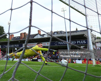 St. Patrick's Athletic FC goalkeeper Danny Rogers fails to make a save during the SSE Airtricity Men's Premier Division match between St. Patrick's Athletic FC and Dundalk FC at Richmond Park, Dublin on June 3, 2024