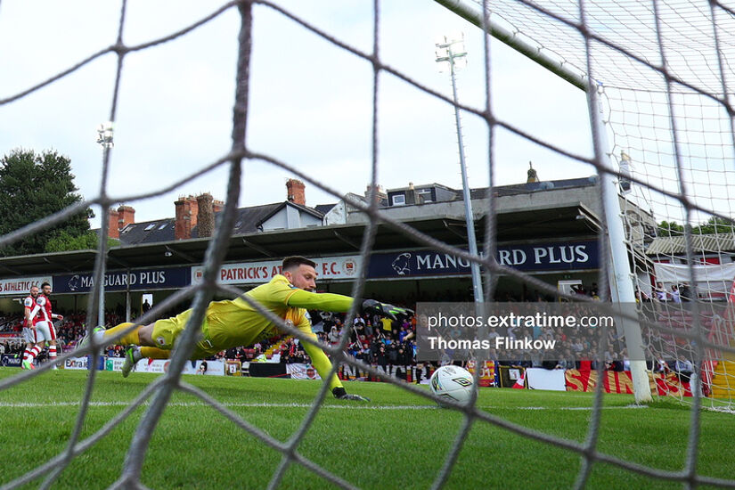 St. Patrick's Athletic FC goalkeeper Danny Rogers fails to make a save during the SSE Airtricity Men's Premier Division match between St. Patrick's Athletic FC and Dundalk FC at Richmond Park, Dublin on June 3, 2024