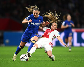 Rosa van Gool of Ajax (R) tackles Johanna Rytting Kaneryd of Chelsea during the UEFA Women's Champions League Quarter Final Leg One match at Johan Cruijff Arena