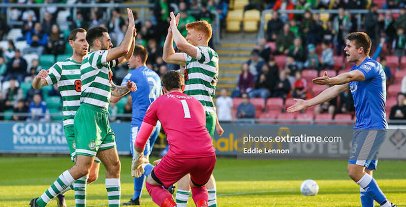 Rory Gaffney celebrates with Roberto Lopes after the Cape Verde international opened the scoring against Harps in Tallaght last May