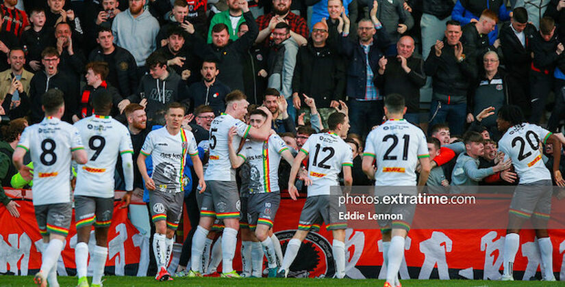 Bohs players and supporters celebrate scoring against Sligo Rovers