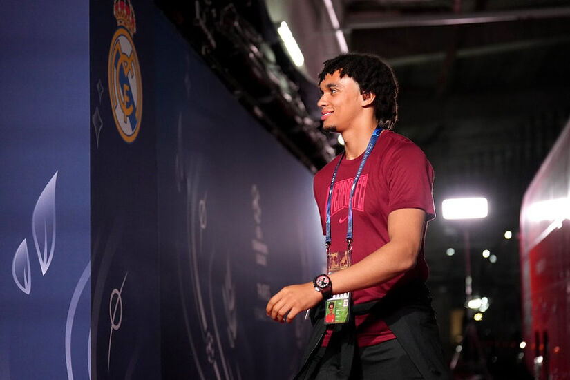 Trent Alexander-Arnold of Liverpool arrives at the stadium prior to the Liverpool FC Training Session at Stade de France on May 27, 2022 in Paris, France. 