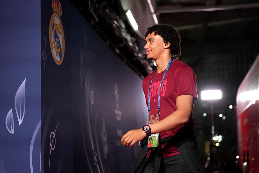 Trent Alexander-Arnold of Liverpool arrives at the stadium prior to the Liverpool FC Training Session at Stade de France on May 27, 2022 in Paris, France.