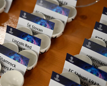 A detailed view of the draw cards, balls and pots during the UEFA Champions League 2022/23 First Qualifying Round draw at the recent UEFA HQ