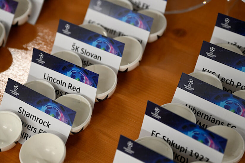 A detailed view of the draw cards, balls and pots during the UEFA Champions League 2022/23 First Qualifying Round draw at the recent UEFA HQ