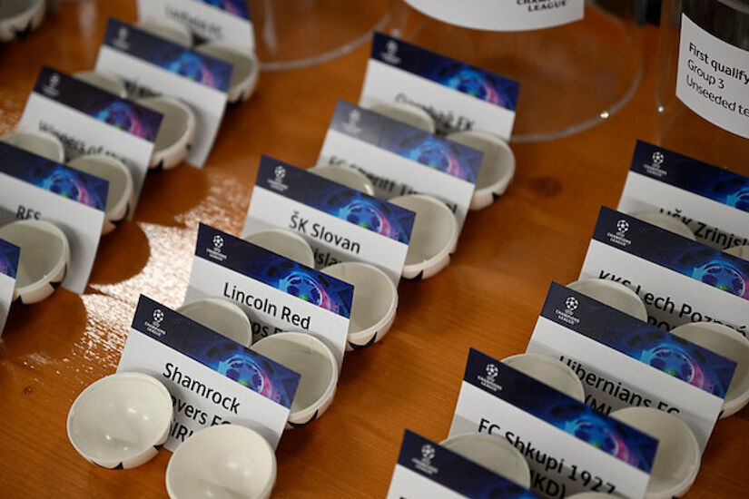A view of the draw cards, balls and pots during the UEFA Champions League 2022/23 First Qualifying Round draw at the UEFA headquarters 