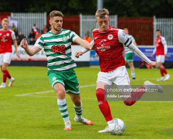 Chris Forrester challenges with Shamrock Rovers' Dylan Watts during last Monday's clash in Richmond Park