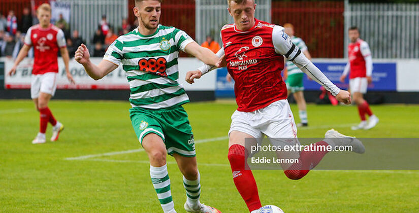 Chris Forrester challenges with Shamrock Rovers' Dylan Watts during last Monday's clash in Richmond Park