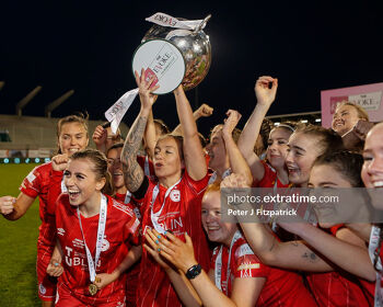 06.11.2022, Tallaght Stadium, Dublin, Leinster, Ireland, EVOKE.ie FAI Women's Cup Final, Shelbourne FC v Athlone Town; Shelbourne captain Pearl Slattery raises the trophy