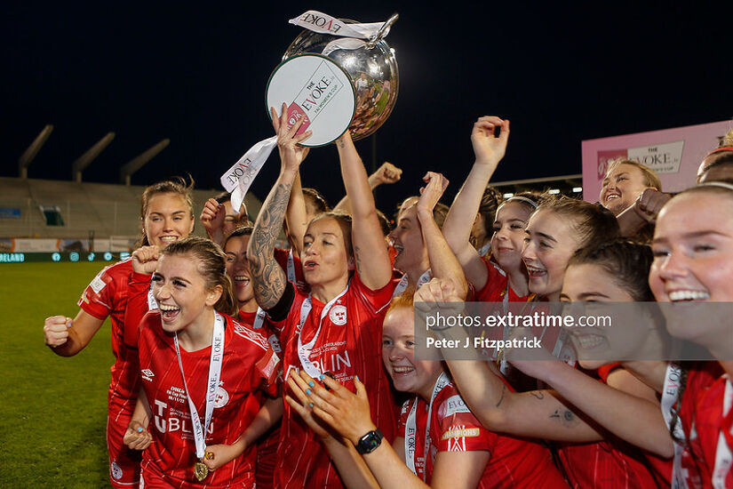 06.11.2022, Tallaght Stadium, Dublin, Leinster, Ireland, EVOKE.ie FAI Women's Cup Final, Shelbourne FC v Athlone Town; Shelbourne captain Pearl Slattery raises the trophy