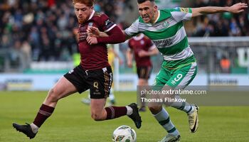 Aodh Dervin of Galway United FC feels pressure from Aaron Greene of Shamrock Rovers FC at Tallaght Stadium,  on April 26, 2024