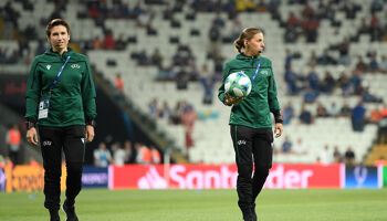 Referee Stephanie Frappart (right) and assistant referee Michelle O'Neill (left) inspect the pitch prior to the 2019 UEFA Super Cup match between Liverpool and in Istanbul