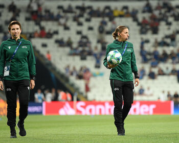 Referee Stephanie Frappart (right) and assistant referee Michelle O'Neill (left) inspect the pitch prior to the 2019 UEFA Super Cup match between Liverpool and in Istanbul