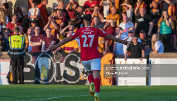 Max Mata celebrating his goal that wrapped up Sligo Rovers' win over Motherwell