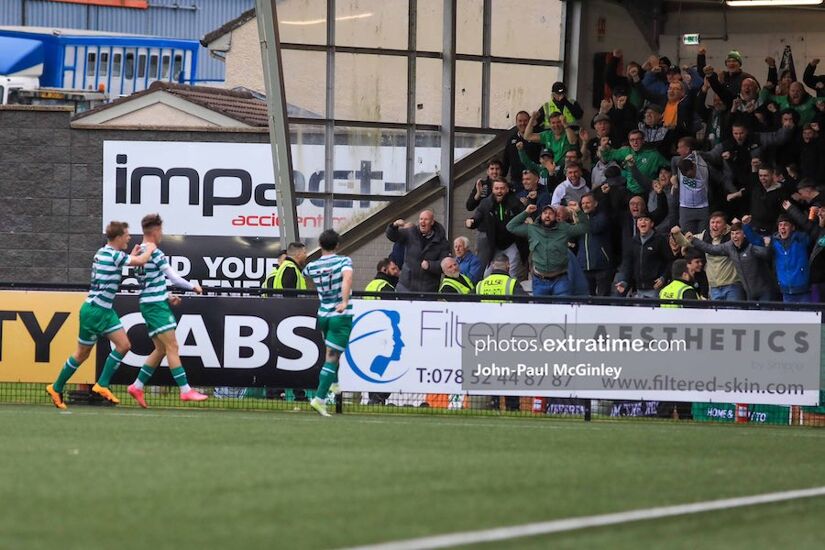 Richie Towell celebrating the opening goal for Rovers in Derry
