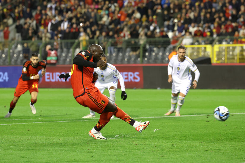 Romelu Lukaku of Belgium scores the team's first goal during the UEFA EURO 2024 European qualifier match between Belgium and Sweden at King Baudouin Stadium