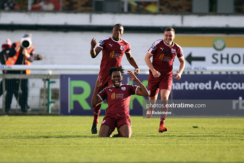 Carlton Ubaezuonu celebrates in action for Galway United