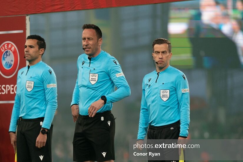 Artur Soares Dias (centre) ahead of the UEFA EURO 2024 Qualifier between the Republic of Ireland and France in Dublin on 27th March 2023