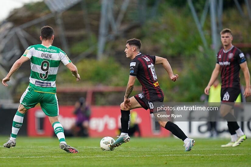 Dawson Devoy of Bohemian FC bursts out of defence during the Sports Direct Men’s FAI Cup fixture Bohemian FC vs Shamrock Rovers FC on July 19, 2024 at Dalymount Park