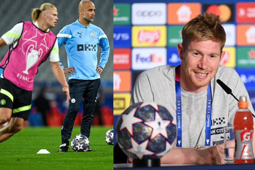 Erling Haaland, Pep Guardiola and Kevin Du Bruyne on the eve of the Champions League final