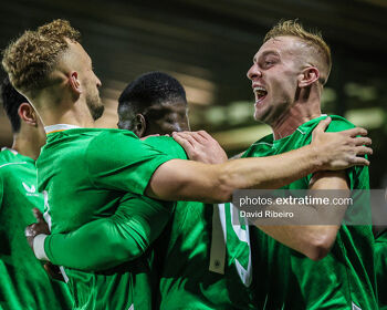 Ireland players celebrate their team’s goal during the UEFA Under 21 Championship Qualifier, Republic of Ireland versus Norway